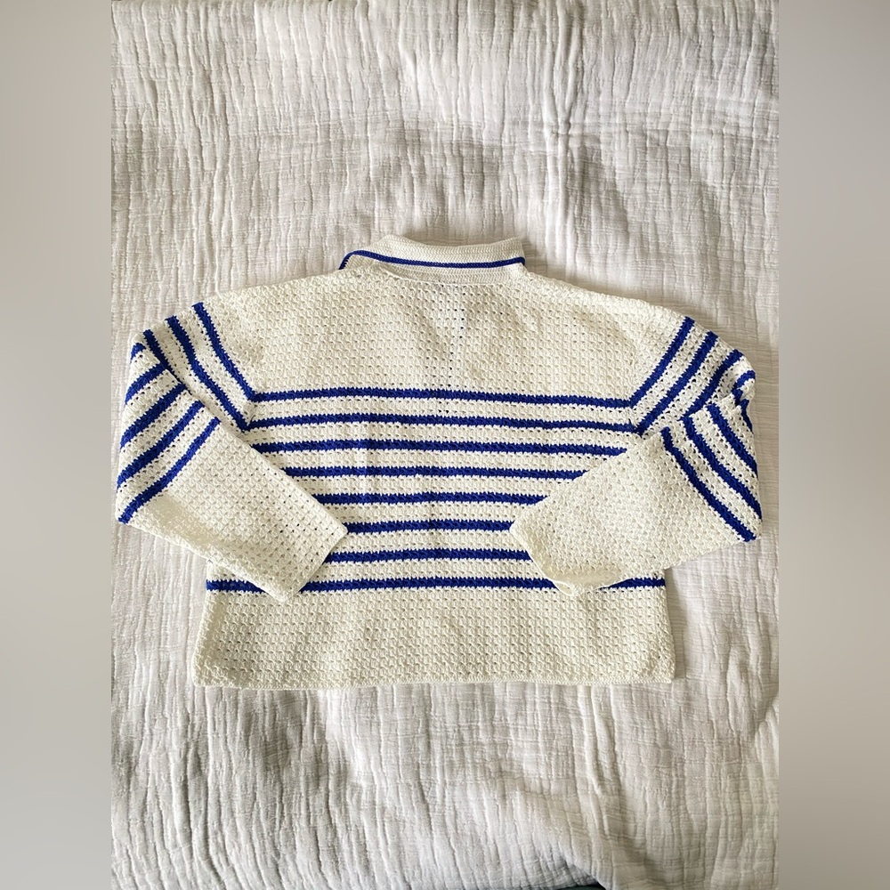SANDRO Elise Stripe Crochet Cropped White Navy V-Neck Sweater Size Eu2/usM - Picture 12 of 12